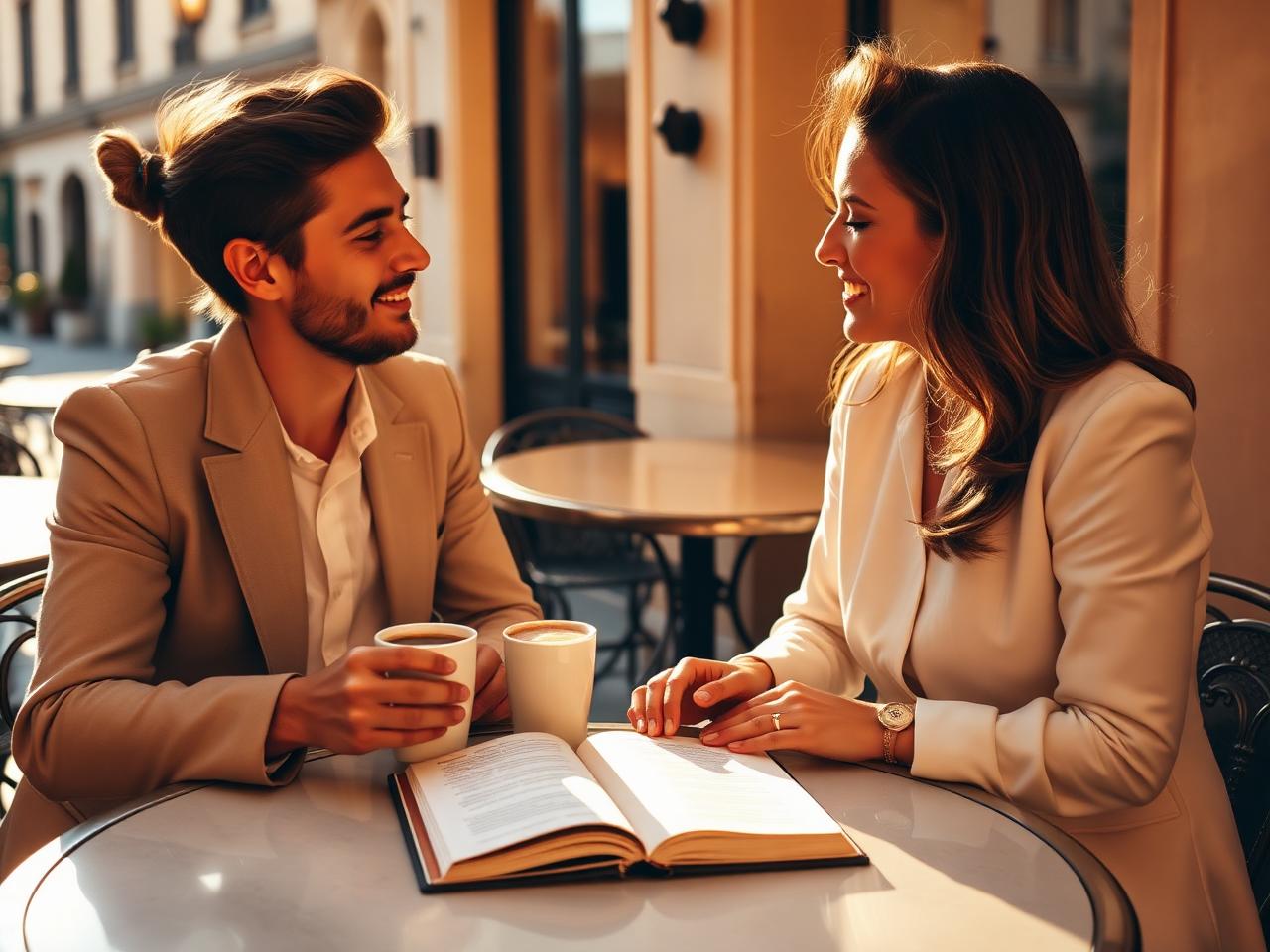 Duas pessoas a conversar em Inglês num café