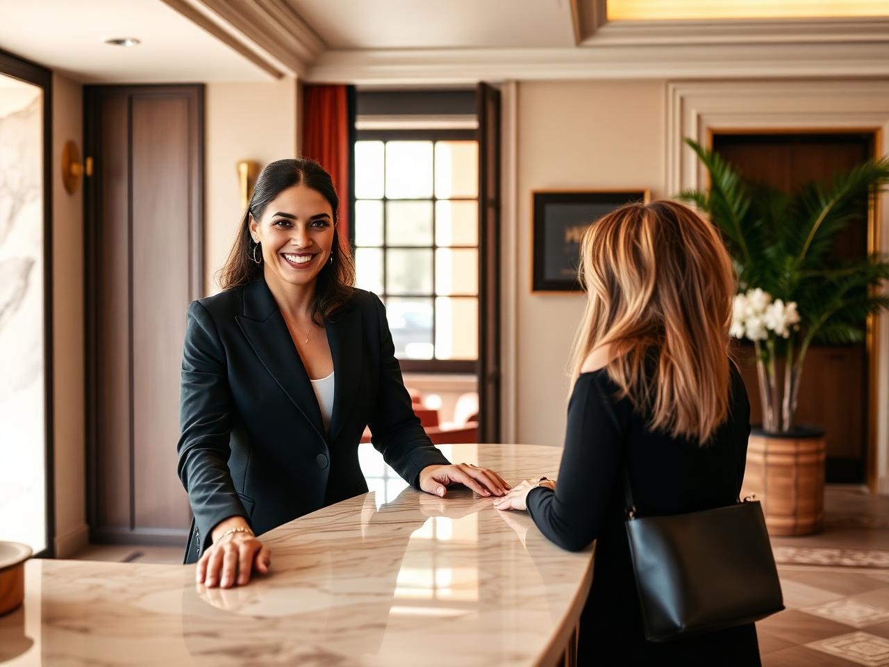 Rececionista de hotel a atender cliente internacional em Inglês